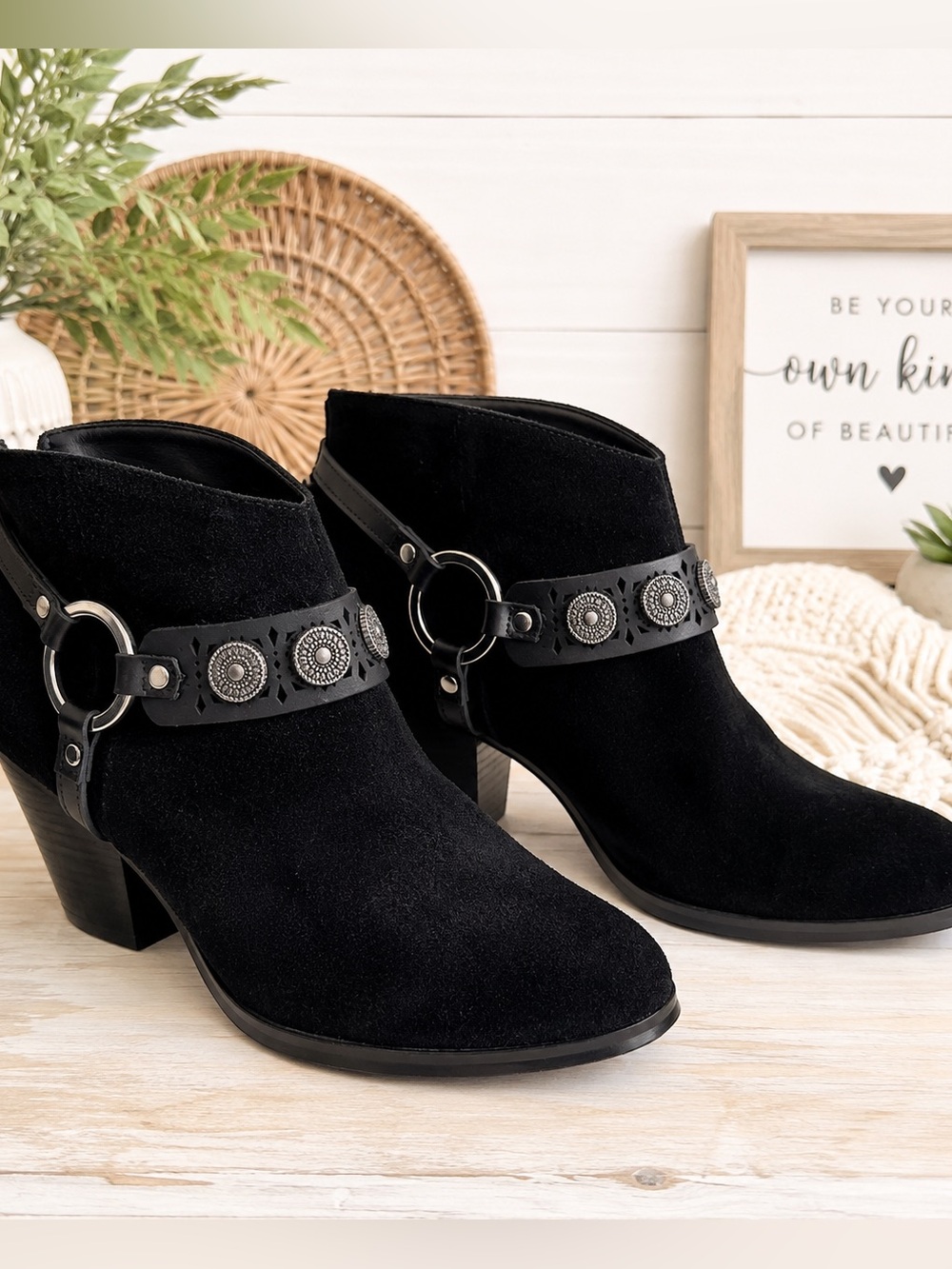Yellow Box Mandy Black Suede Leather Concho Harness Ankle Booties Women’s 10